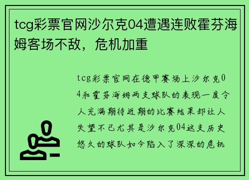 tcg彩票官网沙尔克04遭遇连败霍芬海姆客场不敌，危机加重