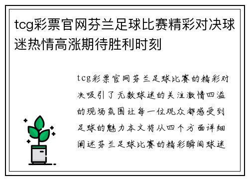 tcg彩票官网芬兰足球比赛精彩对决球迷热情高涨期待胜利时刻